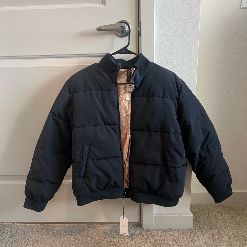 Black Reversible Puffer Bomber Jacket - Size M